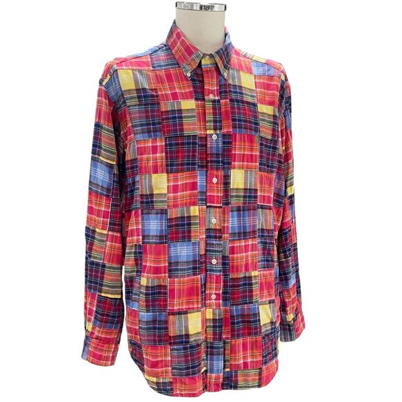 Ralph Lauren Madras Plaid Shirt Classic Fit Patchwork Coastal Summer L - Picture 9 of 10